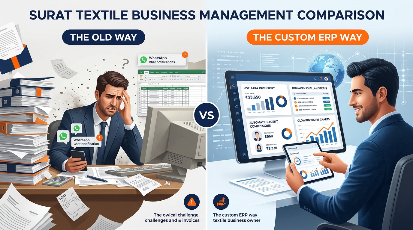 Surat Textile Business Management Comparison - The Old Way vs The Custom ERP Way
