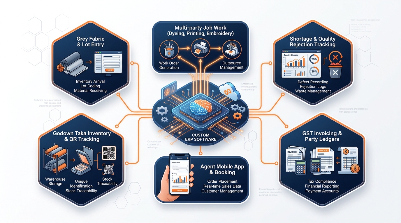Surat Textile Industry Workflow with Custom ERP Software - Flowchart Diagram